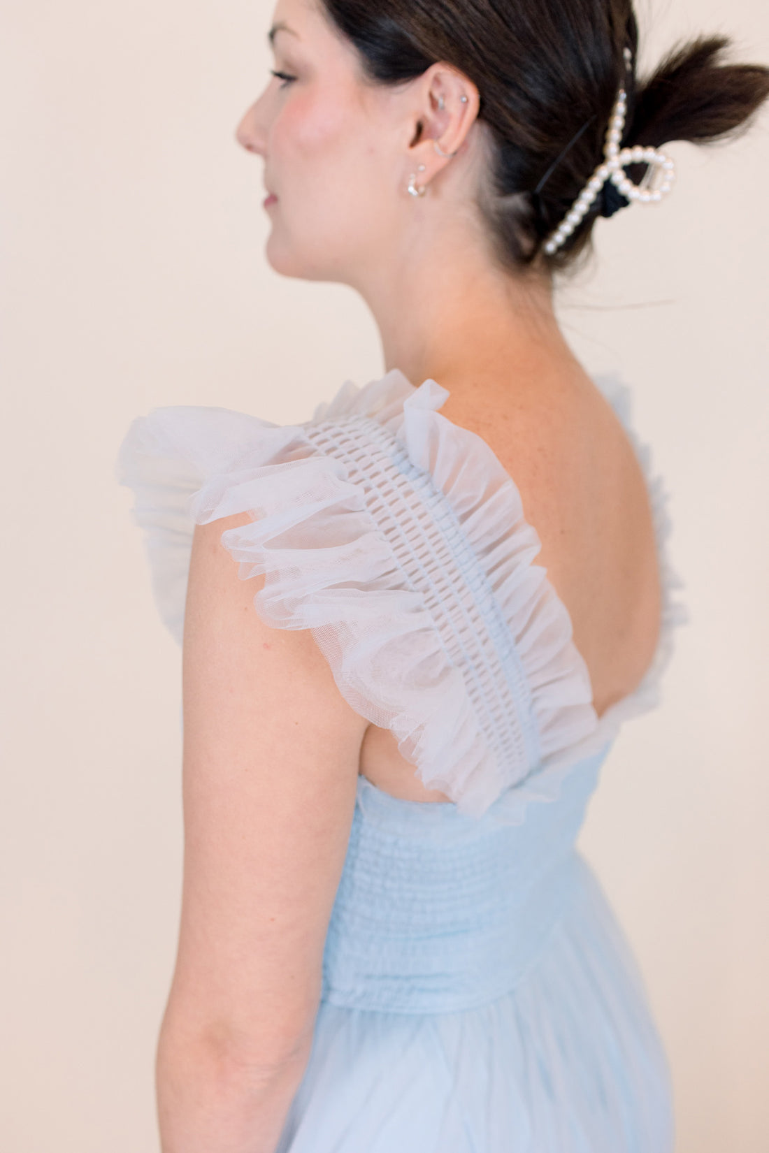 Cosette Ruffled Shoulder Tulle Maxi in Blue