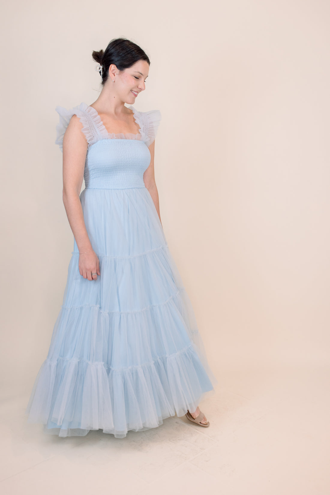 Cosette Ruffled Shoulder Tulle Maxi in Blue