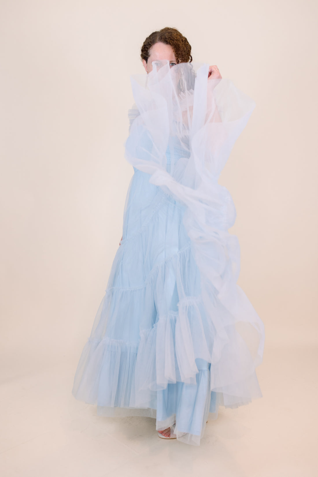 Cosette Ruffled Shoulder Tulle Maxi in Blue