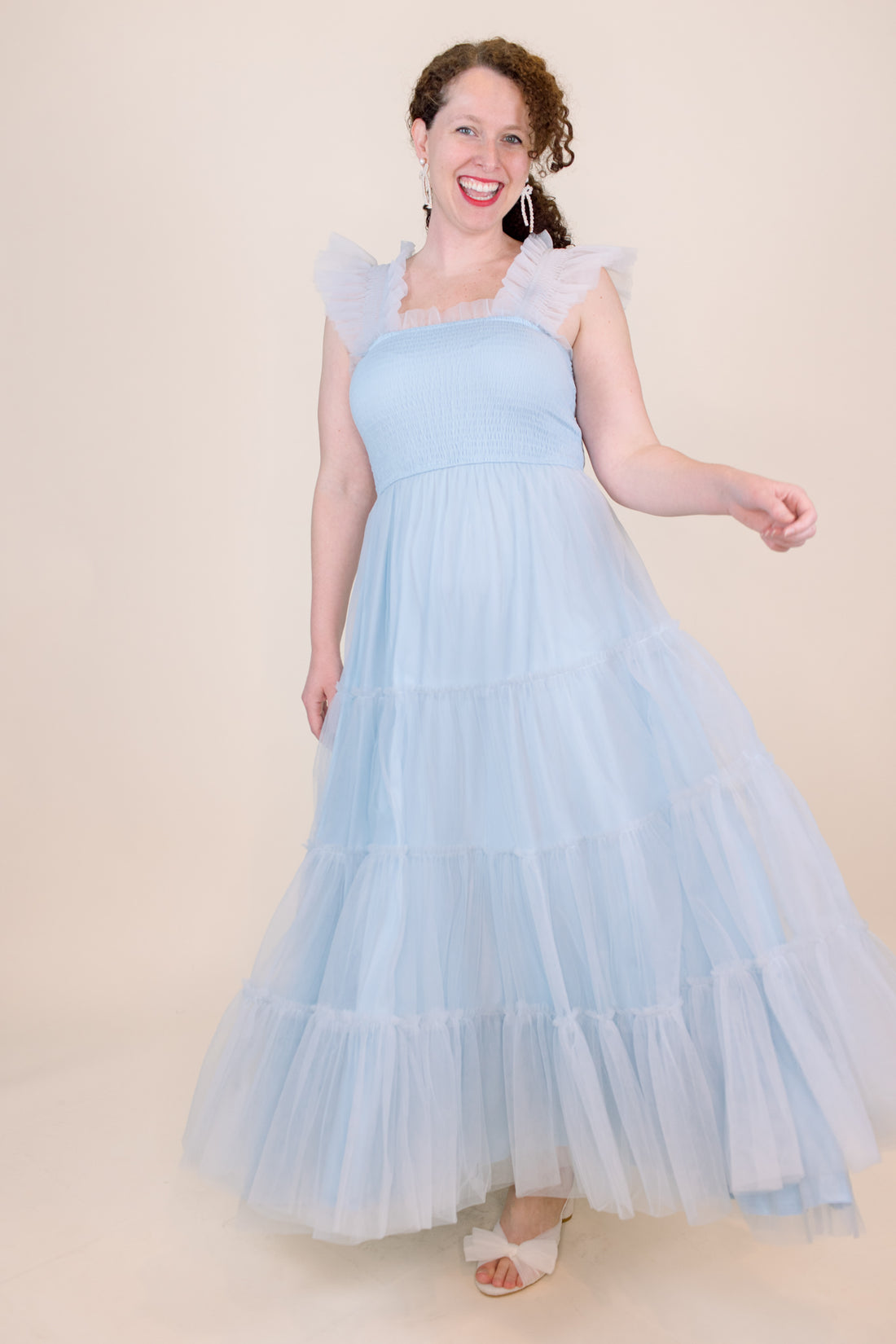 Cosette Ruffled Shoulder Tulle Maxi in Blue