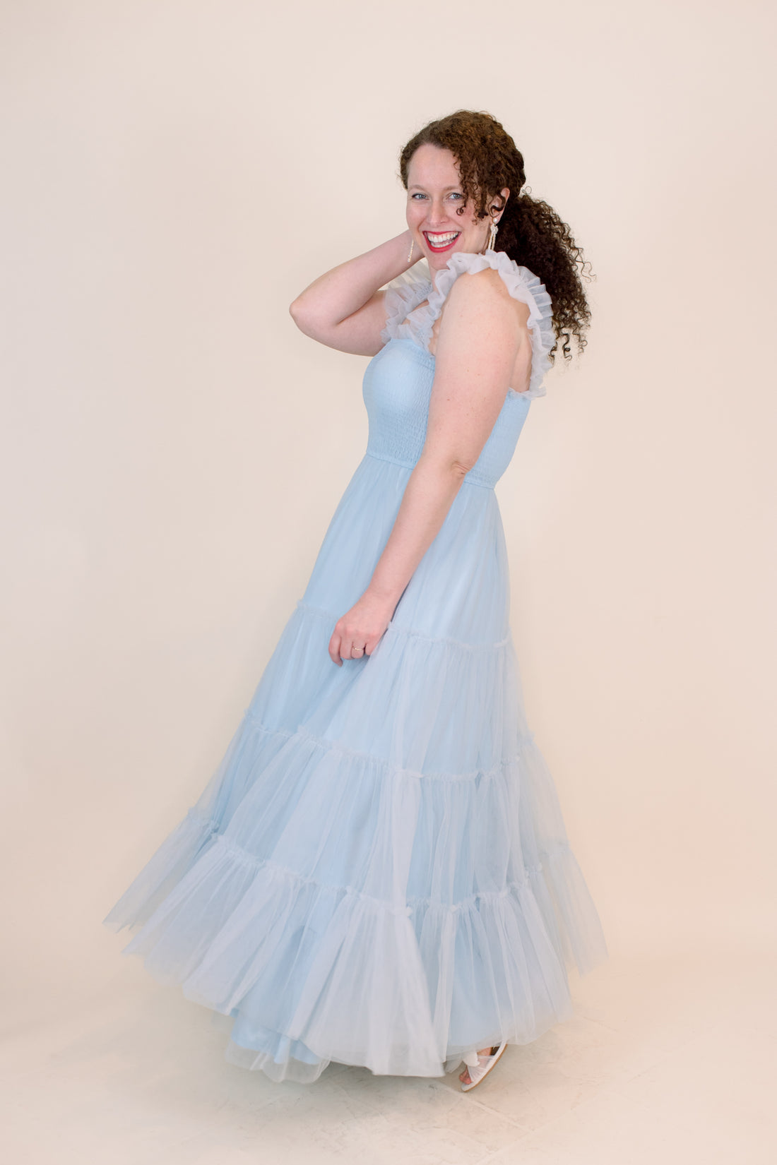 Cosette Ruffled Shoulder Tulle Maxi in Blue