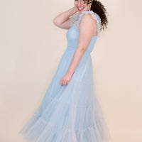 Cosette Ruffled Shoulder Tulle Maxi in Blue
