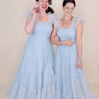 Cosette Ruffled Shoulder Tulle Maxi in Blue