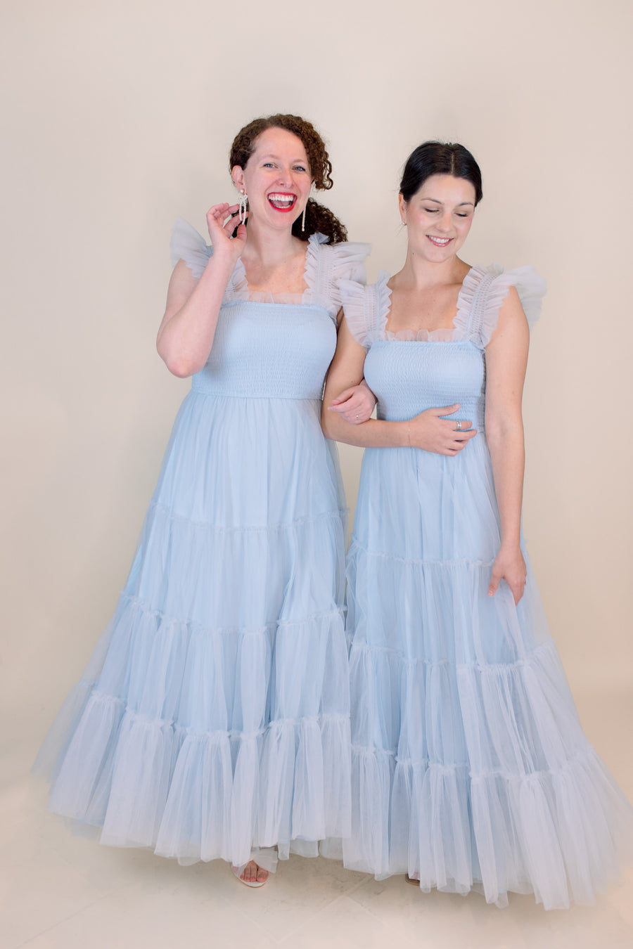 Cosette Ruffled Shoulder Tulle Maxi in Blue