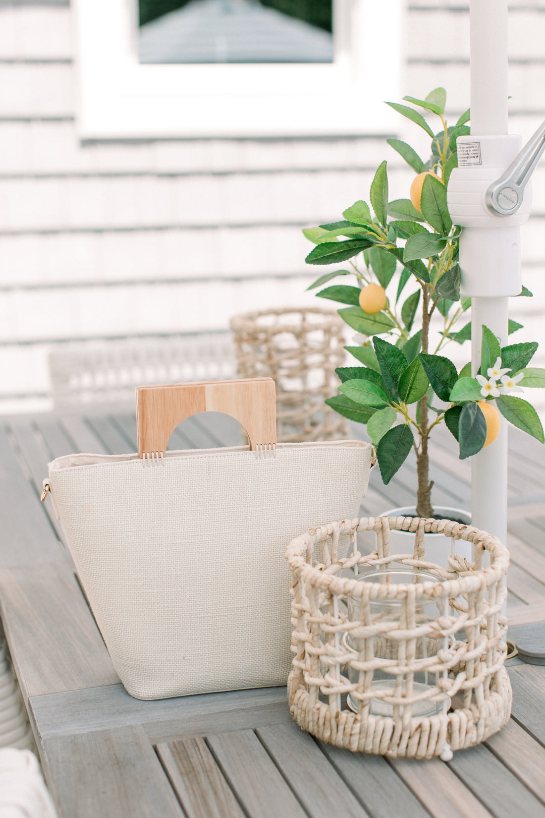 Cream Tote with Wooden Handle