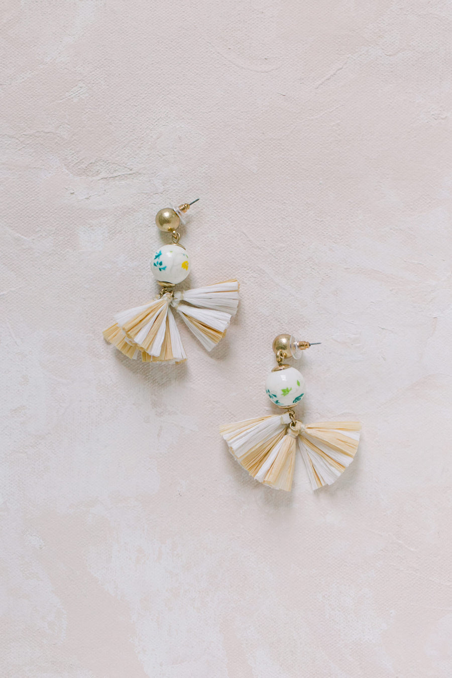 Eliza Tassel Ball Earrings in Beige & White