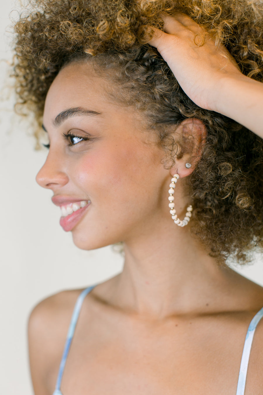 Evie Cream Wood & Gold Bead Hoops