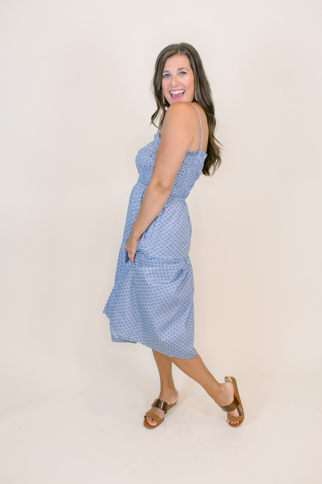 Millie Blue & White Smocked Midi Dress Millie Blue & White Smocked Midi Dress
