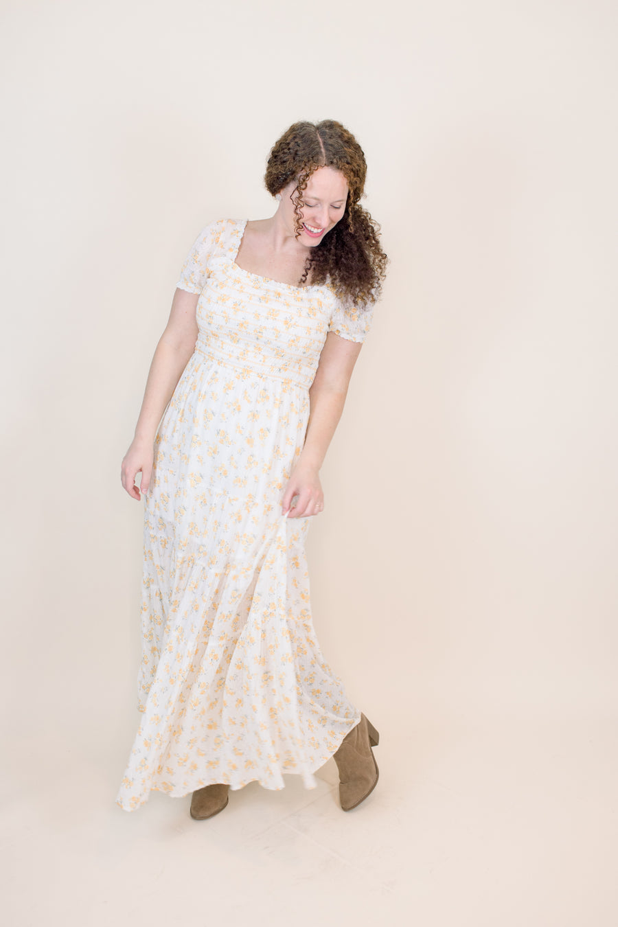 Stella Yellow Floral Smocked Maxi Love, Odette Stella Yellow Floral Smocked Maxi Love, Odette